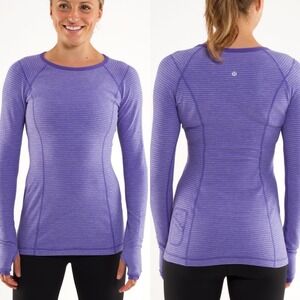 Lululemon Run Reversible Purple Striped Sweater Top Sz 10 Long Sleeve Base Layer